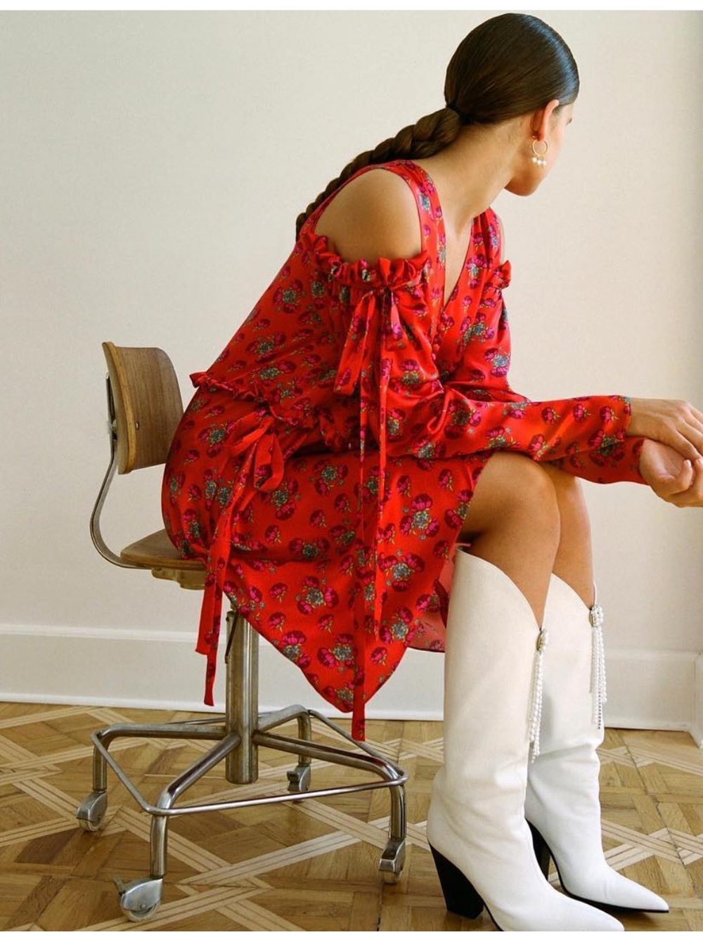 Magda Butrym 100% Silk Floral Cold Shoulder Mini Dress Orange Pink US 2 New